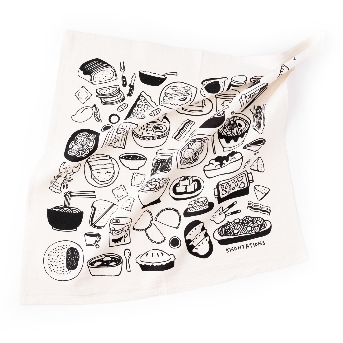 Cute dish towel with illustrations of comfort foods from around the world. 20" x 20" cotton flour sack tea towel with black screen printed illustrations, including home-cooked meals like mac and cheese, pumpkin soup, sweet potato pie, dal, congee, pancit, and ratatouille.