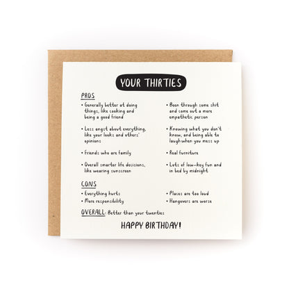 Your Thirties Are Better Than Your Twenties Letterpress Card with pros, cons list and happy birthday message, kraft envelope.