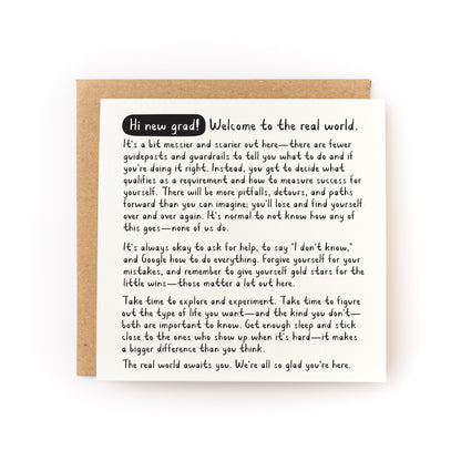 Hi New Grad Letterpress Card with encouraging message printed on white cardstock and paired with a recycled kraft envelope.