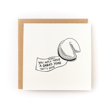 Pretty Good Year Letterpress Card with a fortune cookie design and blank inside, paired with a recycled kraft envelope.