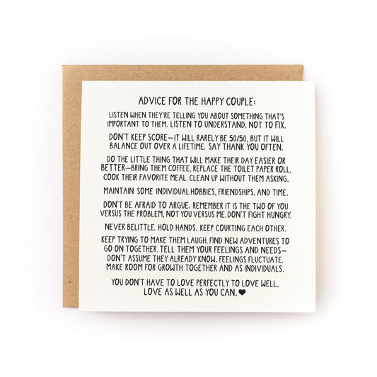 White card filled with wedding advice for a happy couple. Card comes with kraft paper envelope