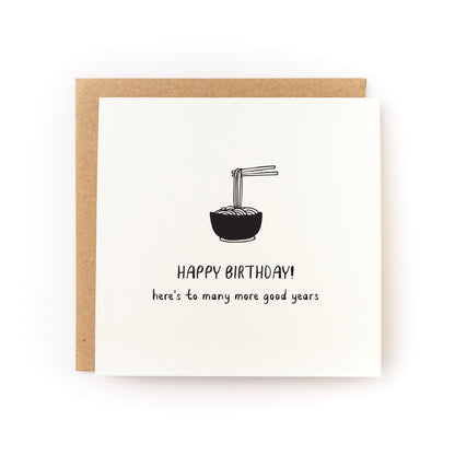 Longevity Noodles Letterpress Card with bowl of noodles and birthday wishes printed on white cardstock with kraft envelope.
