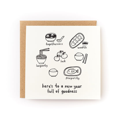 Auspicious Foods Lunar New Year Letterpress Card featuring symbolic Chinese dishes for luck and prosperity.