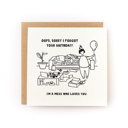 Birthday Mess Belated Birthday Letterpress Card with humorous apology and messy living room illustration on white cardstock.