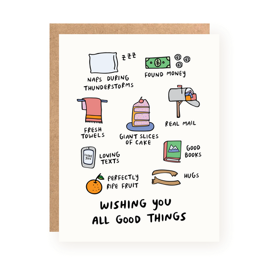 Birthday card with colorful illustrations of simple joys like naps, cake, hugs, books, and loving texts on white background