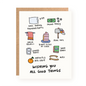 Birthday card with colorful illustrations of simple joys like naps, cake, hugs, books, and loving texts on white background