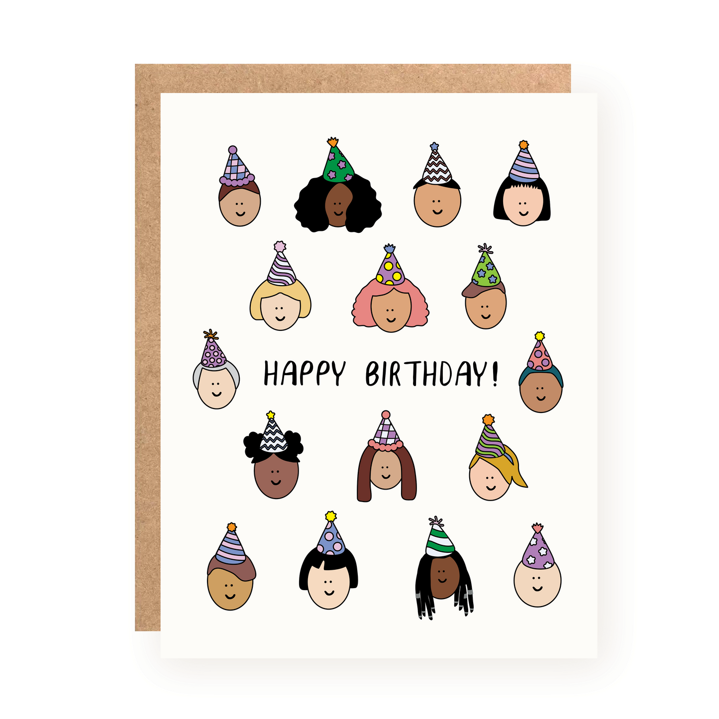 Birthday card with illustrated diverse faces wearing party hats and "HAPPY BIRTHDAY!" text on white background