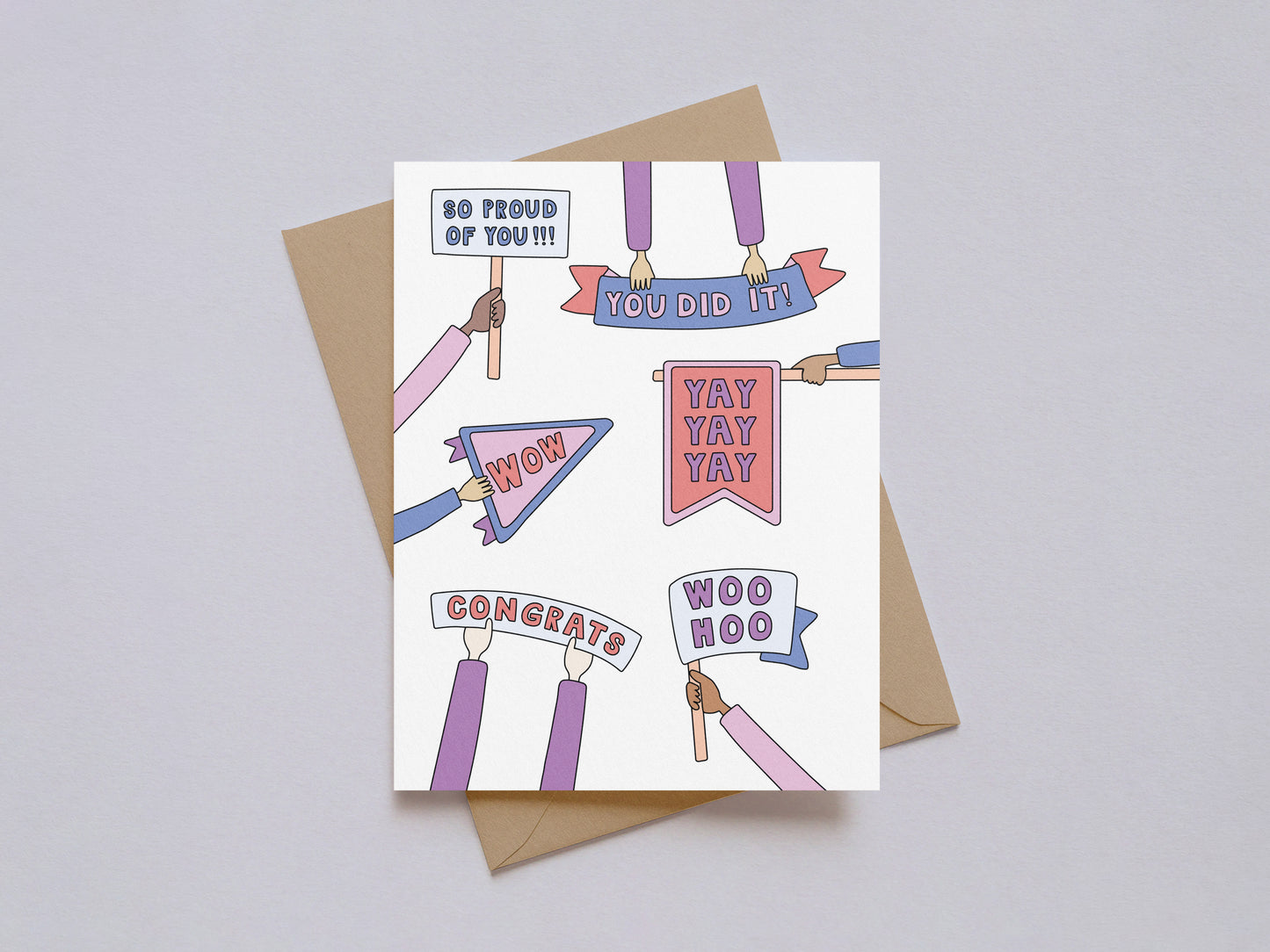 Illustrated congratulations card with diverse hands holding banners reading "You Did It," "Yay," and other celebratory phrases.