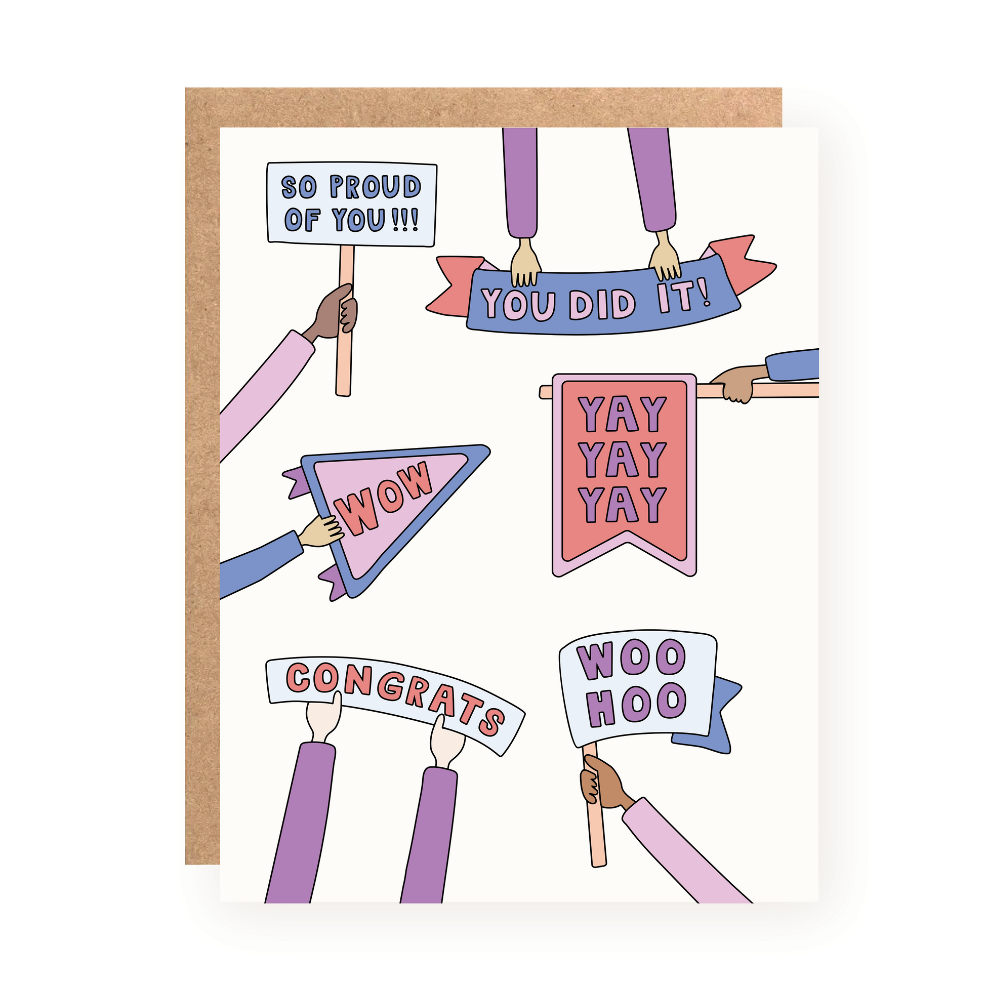 Illustrated congratulations card with diverse hands holding celebratory banners and signs saying “You Did It,” “Congrats,” and “Woo Hoo”