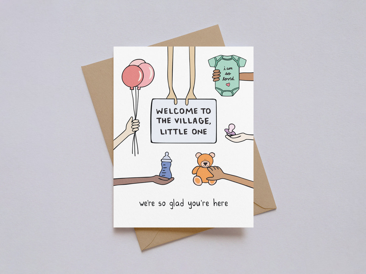 New baby card with illustrated hands holding balloons, sign, pacifier, bottle, teddy bear, and green onesie on white background