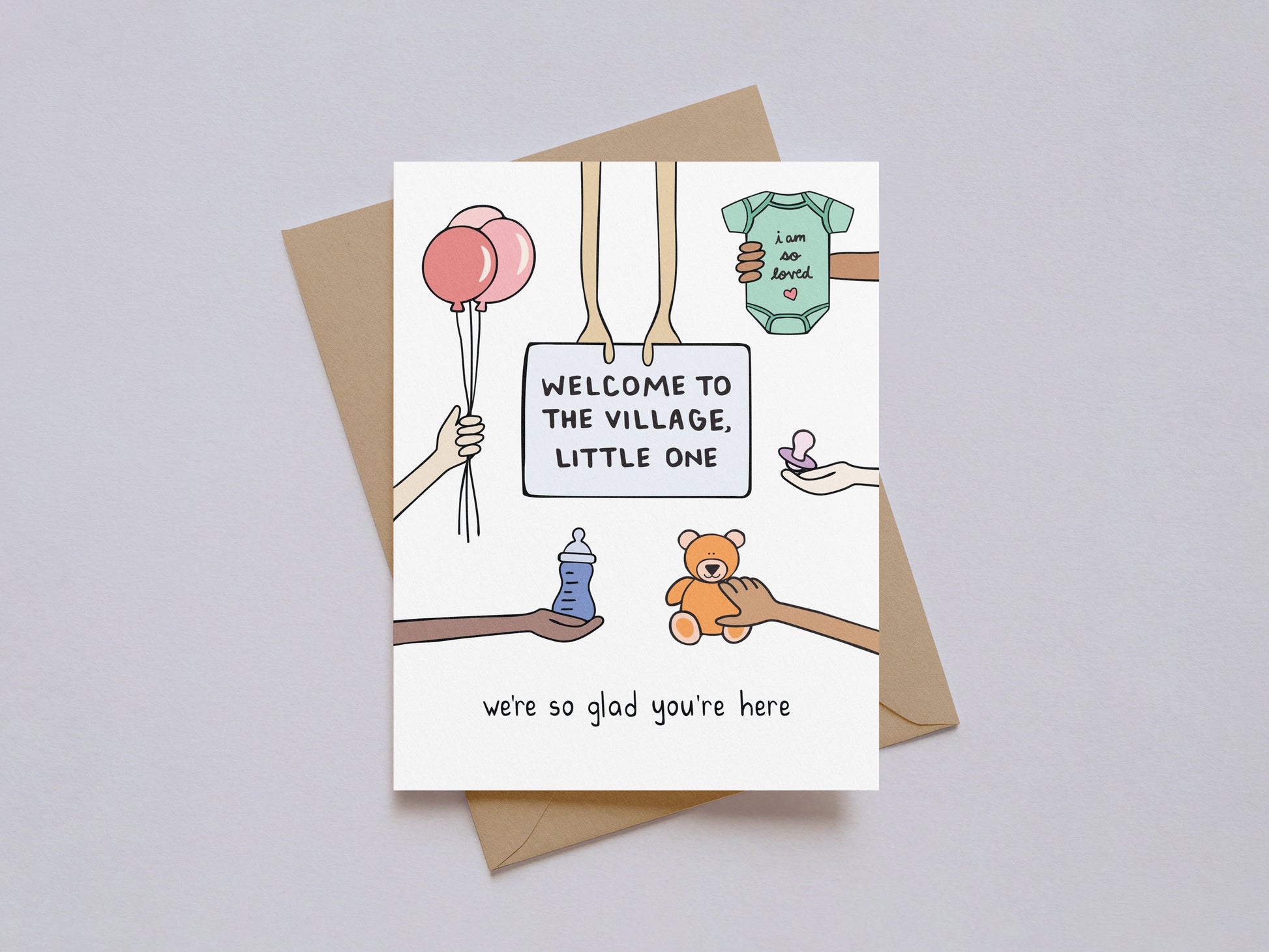 New baby card with illustrated hands holding balloons, sign, pacifier, bottle, teddy bear, and green onesie on white background