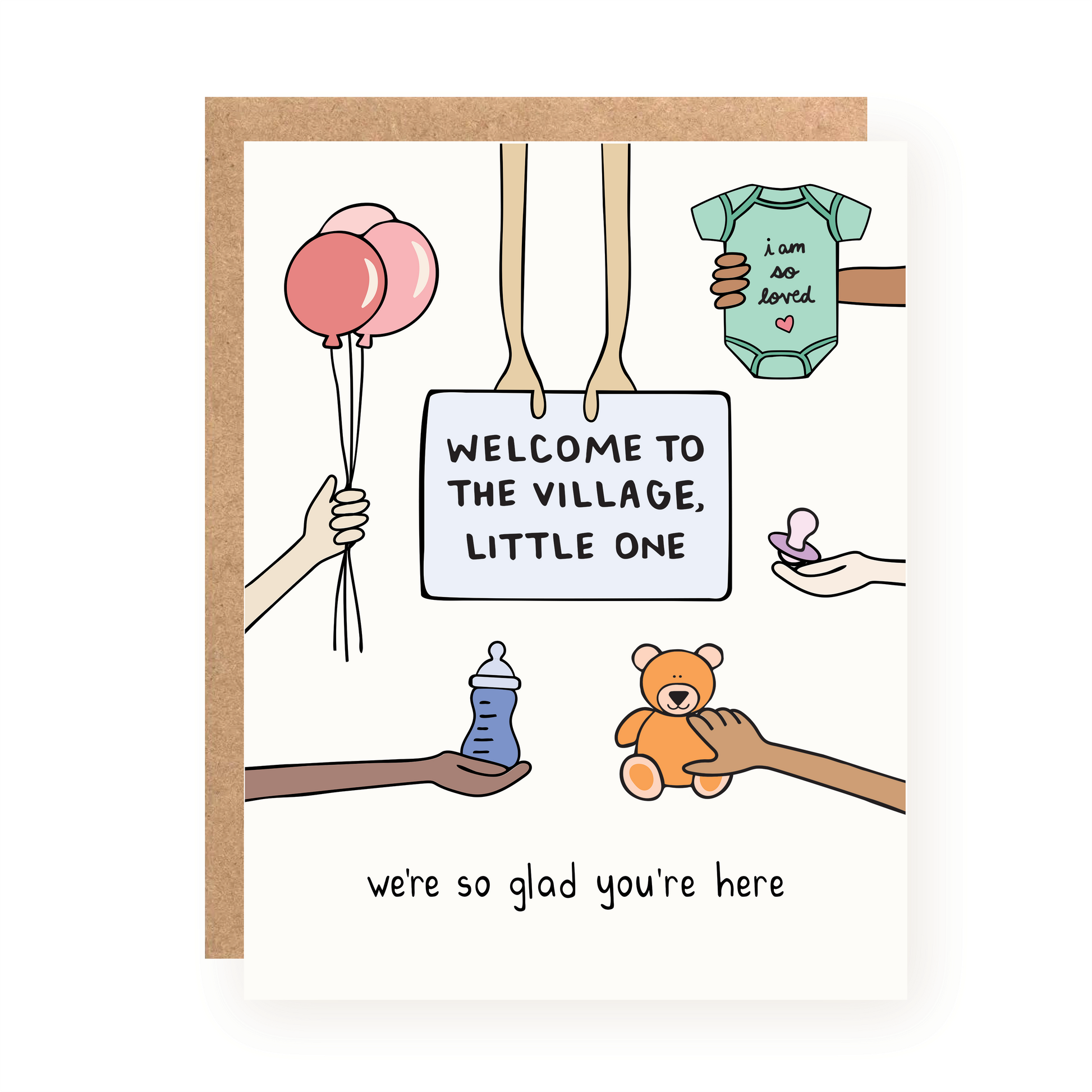 New baby card with illustrated hands holding balloons, a sign, onesie, bottle, teddy bear, and pacifier on white background.