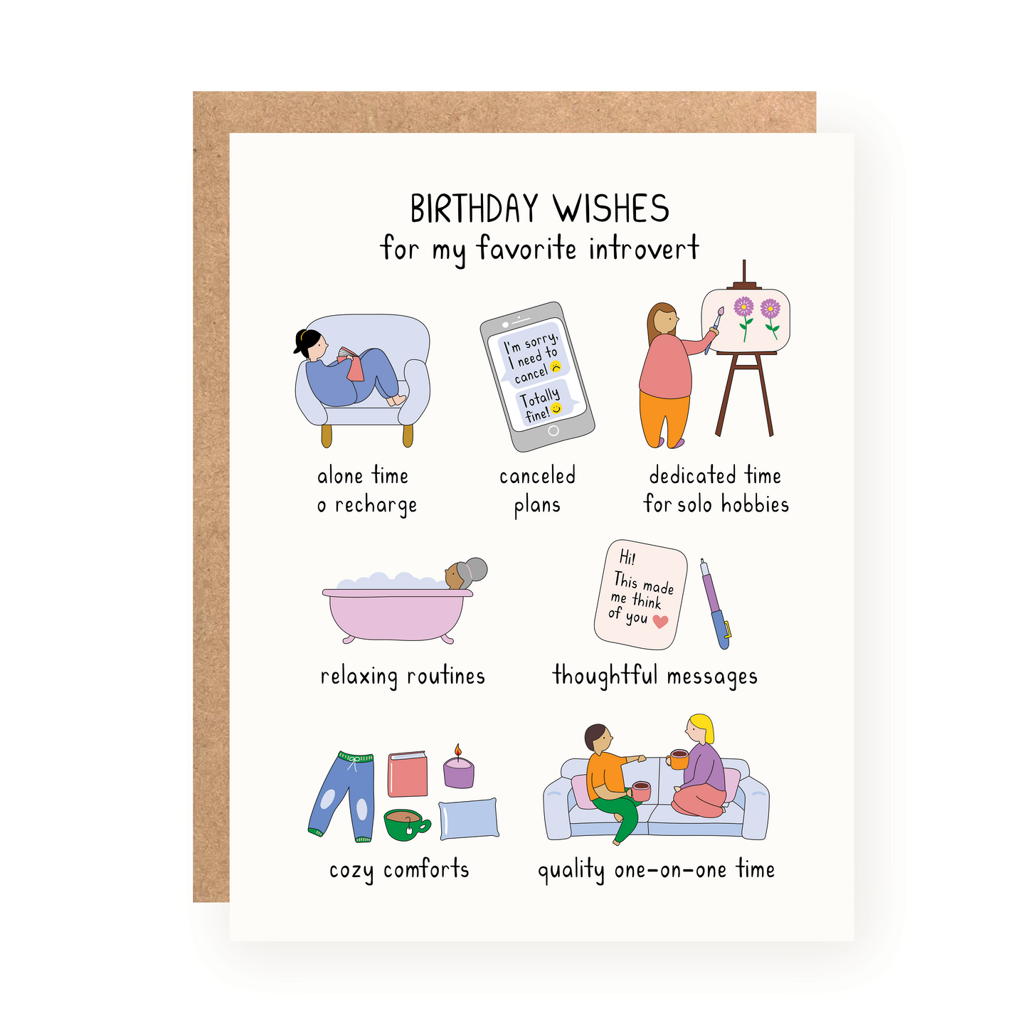 Birthday card titled Birthday Wishes for my favorite introvert with illustrations of cozy and relaxing activities.