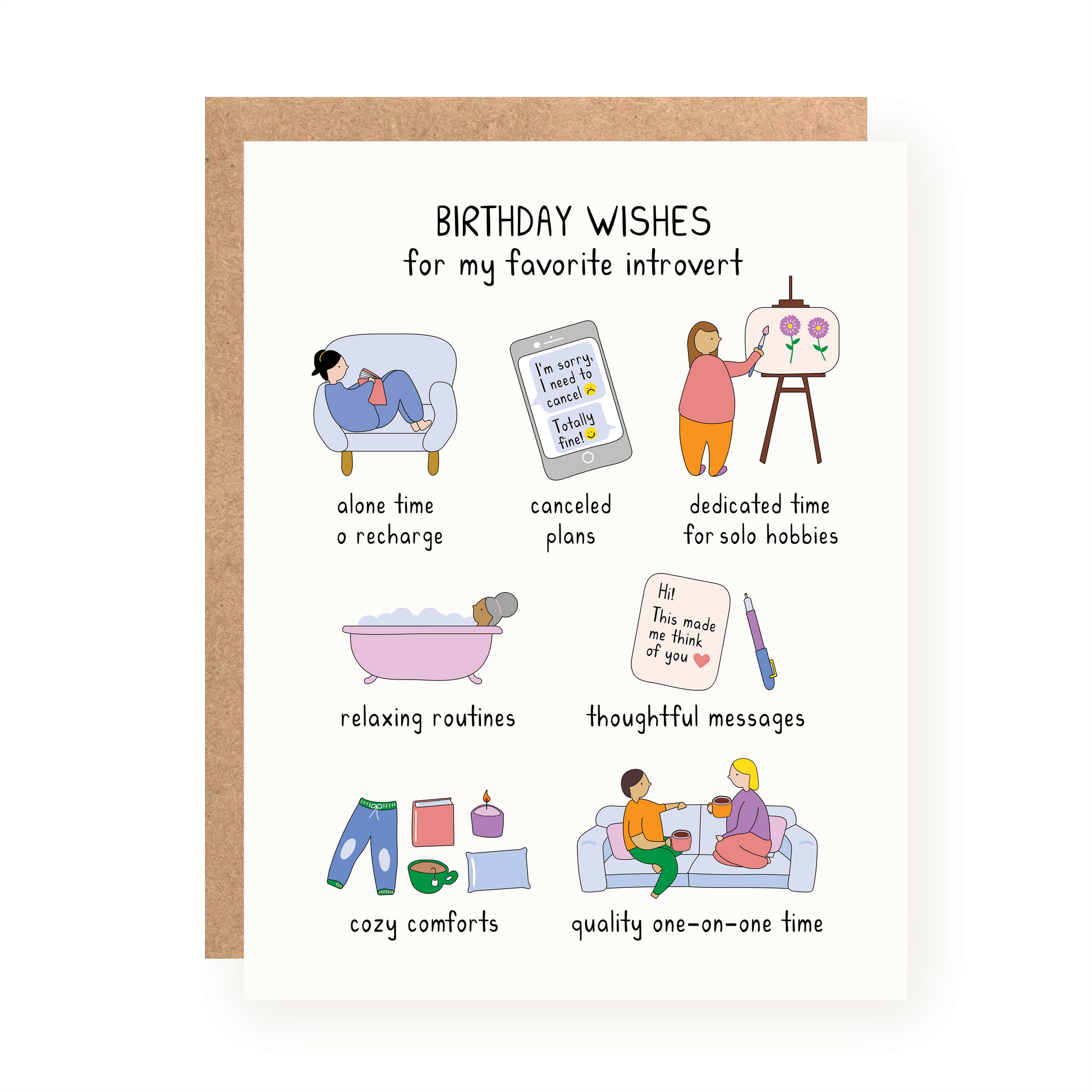 Birthday card titled Birthday Wishes for my favorite introvert with illustrations of cozy and relaxing activities.