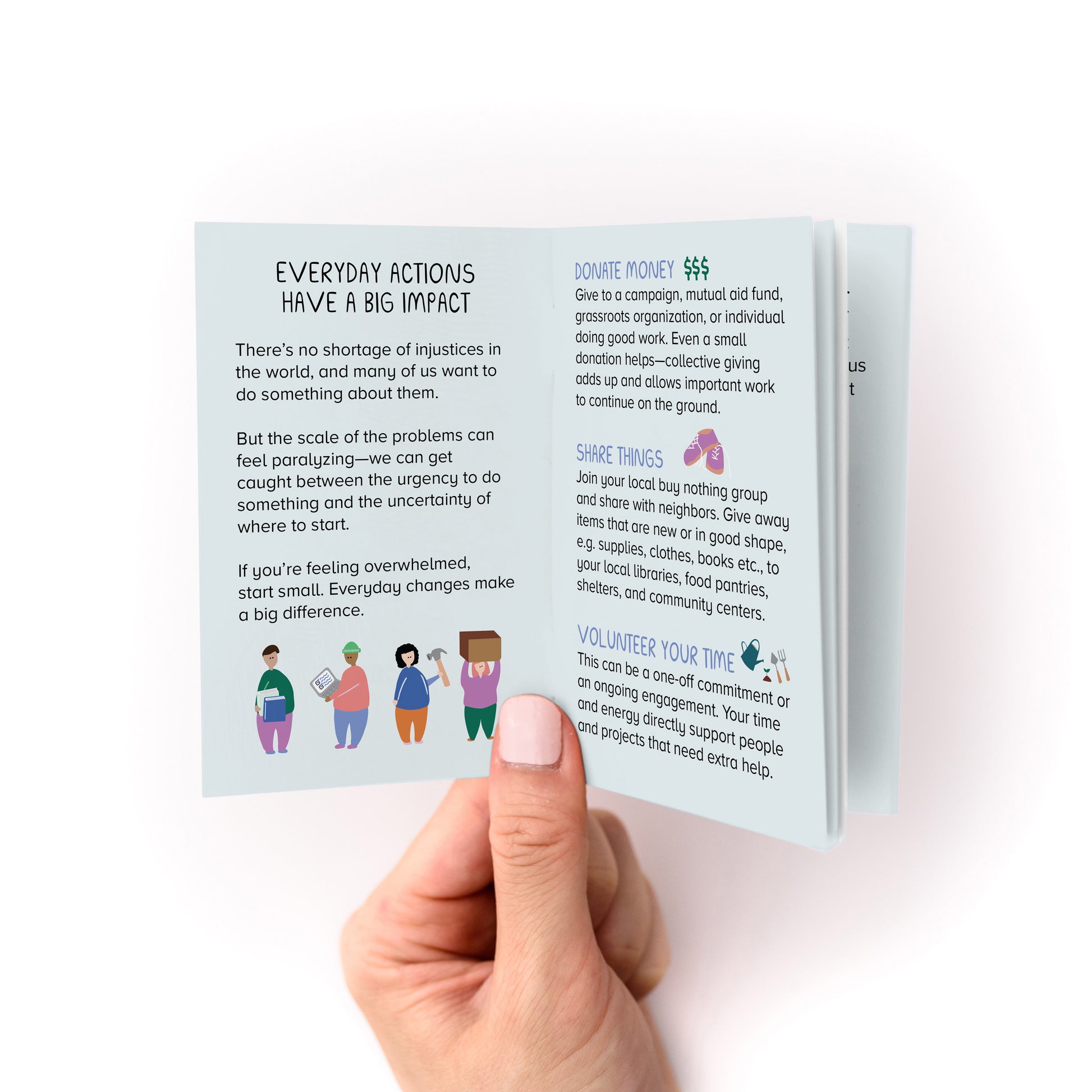 Hand holding a small booklet open to pages with text and illustrations on making a positive impact through simple actions