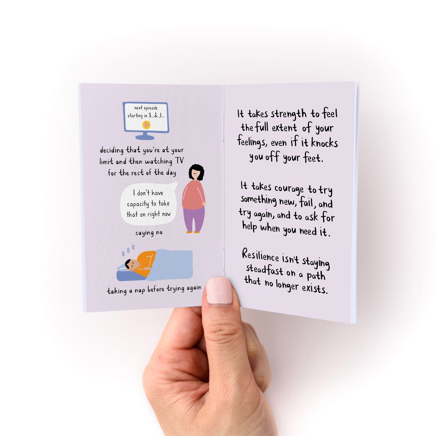 Hand holding open mini booklet titled What Resilience Looks Like with illustrated text and simple drawings on lavender pages